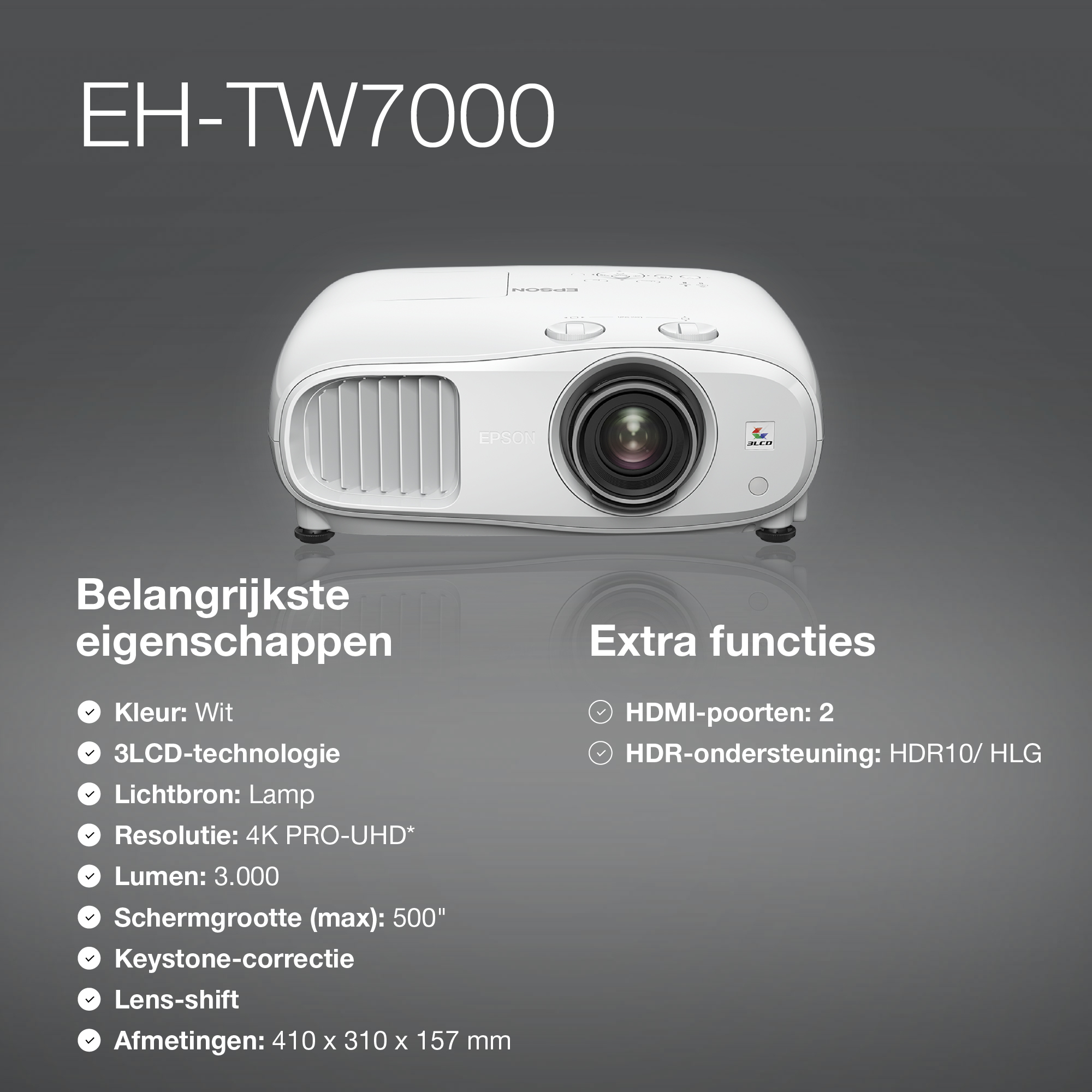 Epson EH-TW7000 4K PRO-UHD-projector, 3000 lumen, scherm van maximaal 500 inch - Afbeelding 7