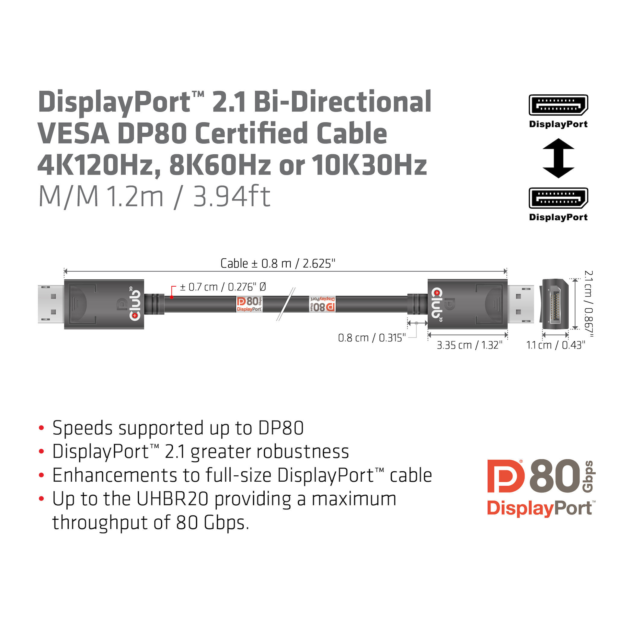 CLUB3D DisplayPort 2.1 Bi-Directional VESA DP80 Gecertificeerde kabel 4K240Hz, 8K60Hz or 10K30Hz M/M 1.2m/3.94ft - Afbeelding 4