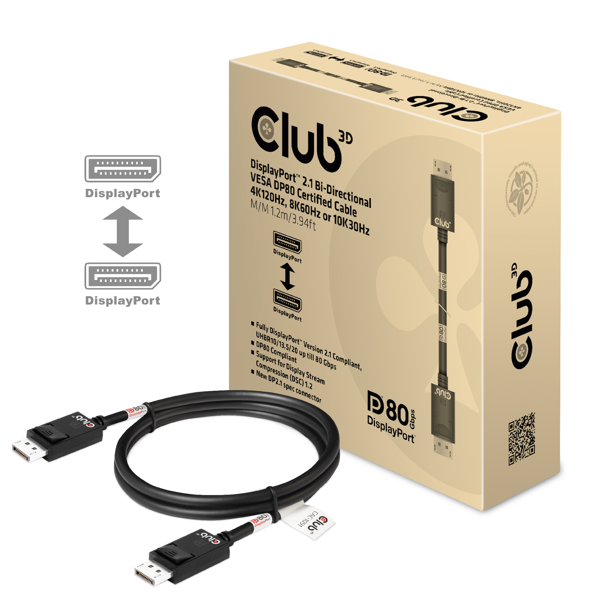CLUB3D DisplayPort 2.1 Bi-Directional VESA DP80 Gecertificeerde kabel 4K240Hz, 8K60Hz or 10K30Hz M/M 1.2m/3.94ft - Afbeelding 3