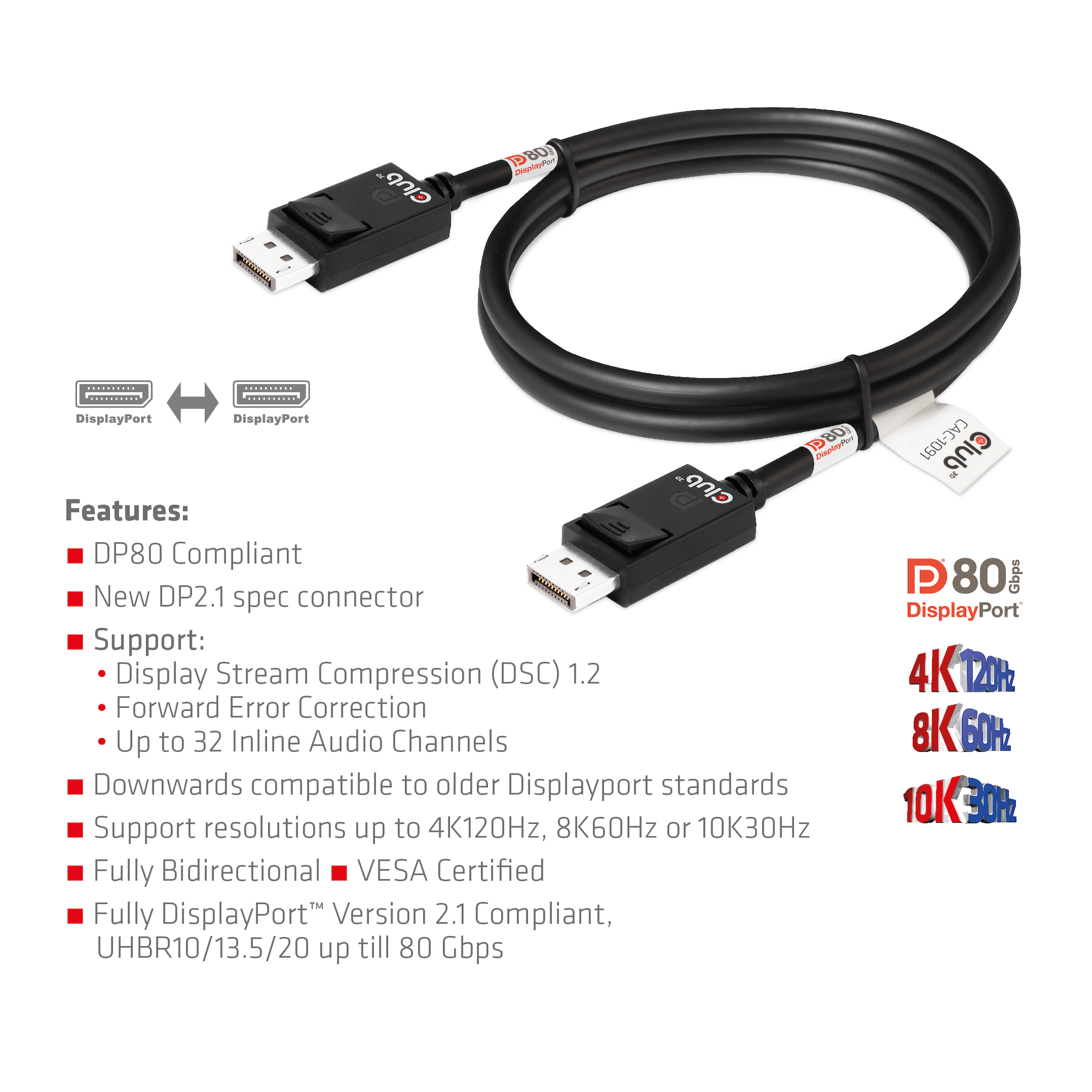 CLUB3D DisplayPort 2.1 Bi-Directional VESA DP80 Gecertificeerde kabel 4K240Hz, 8K60Hz or 10K30Hz M/M 1.2m/3.94ft - Afbeelding 6
