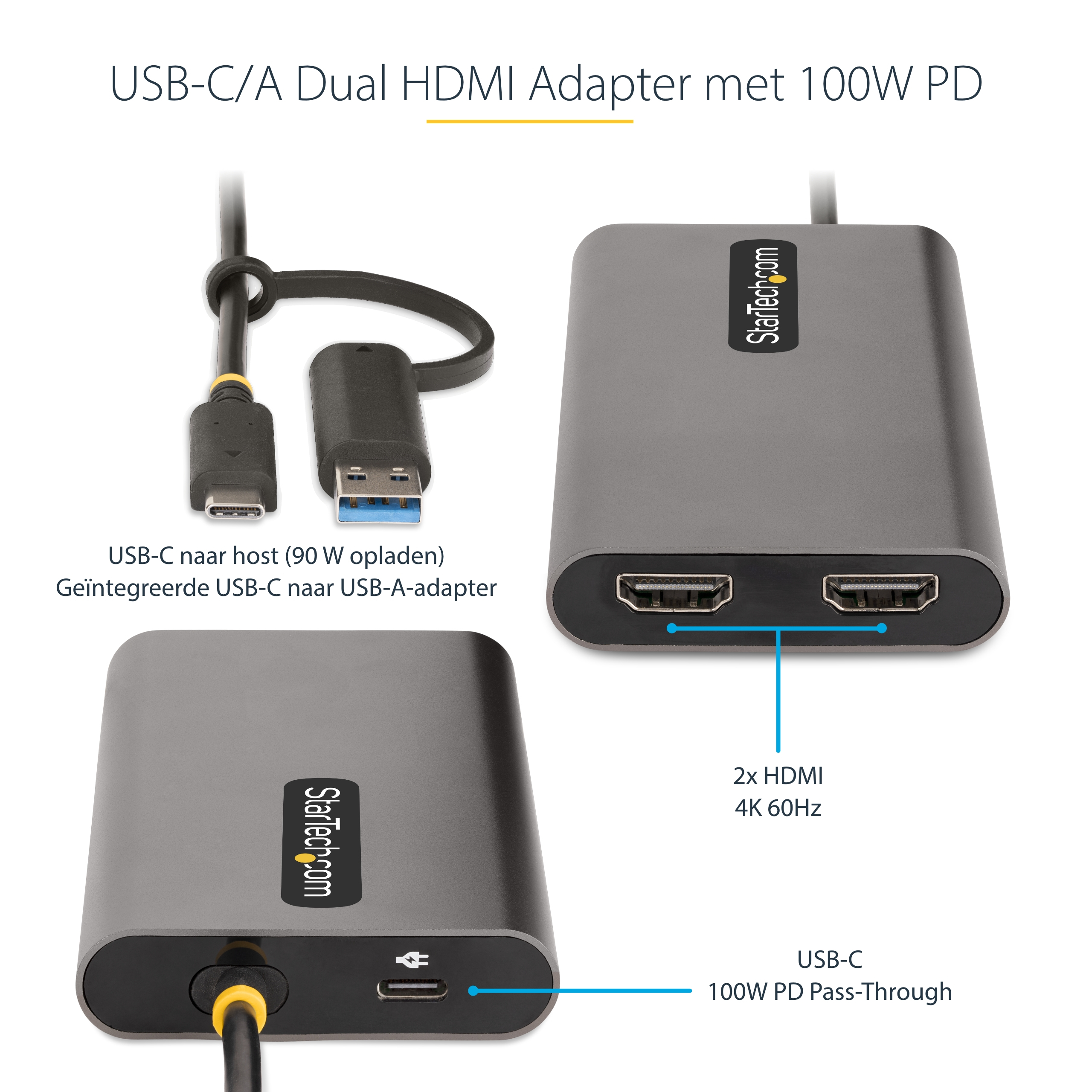StarTech.com USB-C naar Dual-HDMI Adapter, USB-C of A naar 2x HDMI, 4K 60Hz, 100W Power Delivery Pass-Through, 30cm Ingebouwde Kabel, USB naar HDMI Multi-Monitor Converter voor Laptop - Afbeelding 10
