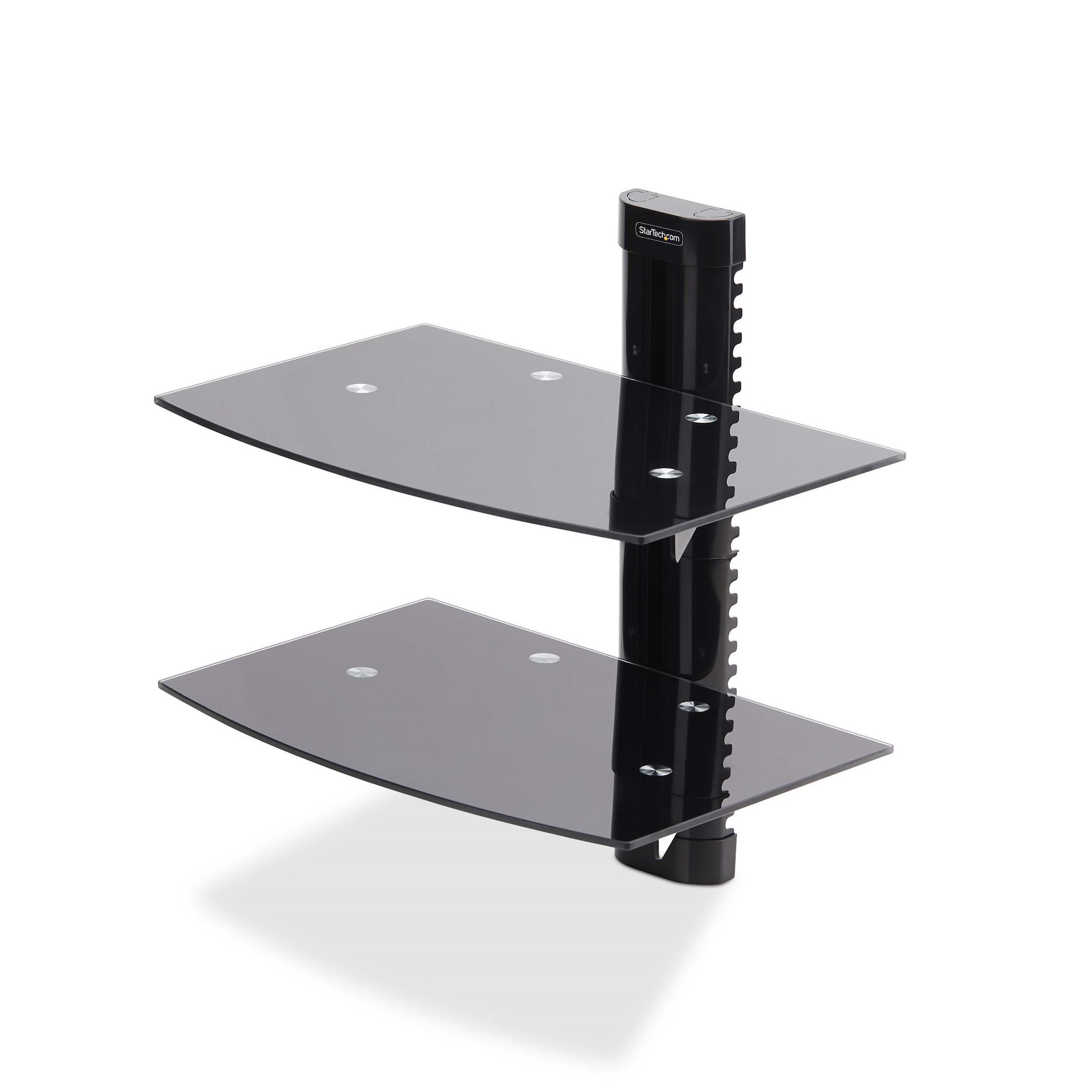StarTech.com Dubbele Hangende Wandplanken voor Audio/Video Apparatuur, In Hoogte Verstelbare Schappen voor Onder TV, Hangend Wandmeubel, Organiseer uw A/V apparatuur op deze zwarte glazen schappen - Afbeelding 2
