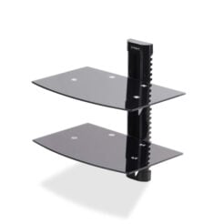 StarTech.com Dubbele Hangende Wandplanken voor Audio/Video Apparatuur, In Hoogte Verstelbare Schappen voor Onder TV, Hangend Wandmeubel, Organiseer uw A/V apparatuur op deze zwarte glazen schappen