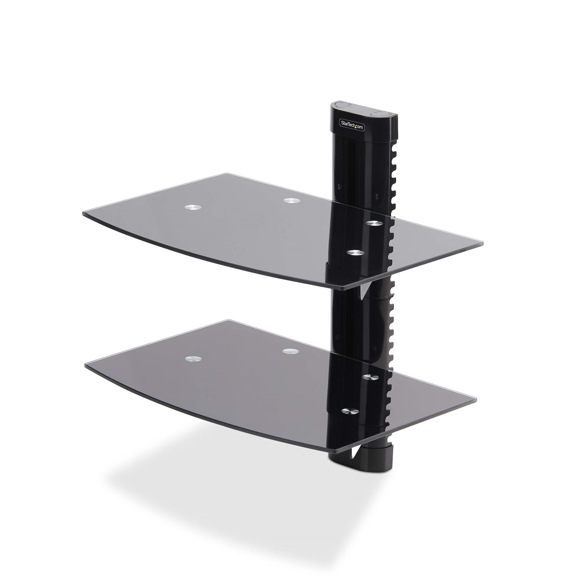 StarTech.com Dubbele Hangende Wandplanken voor Audio/Video Apparatuur, In Hoogte Verstelbare Schappen voor Onder TV, Hangend Wandmeubel, Organiseer uw A/V apparatuur op deze zwarte glazen schappen