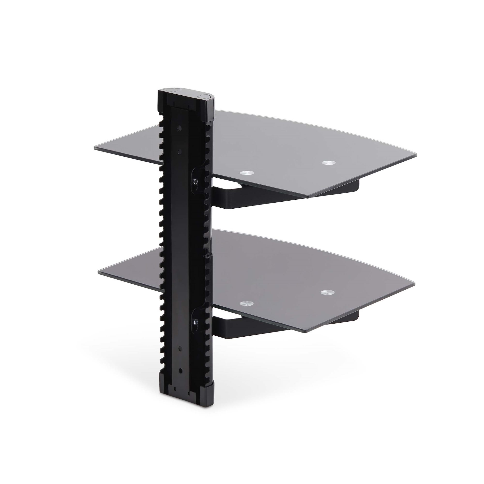 StarTech.com Dubbele Hangende Wandplanken voor Audio/Video Apparatuur, In Hoogte Verstelbare Schappen voor Onder TV, Hangend Wandmeubel, Organiseer uw A/V apparatuur op deze zwarte glazen schappen - Afbeelding 3