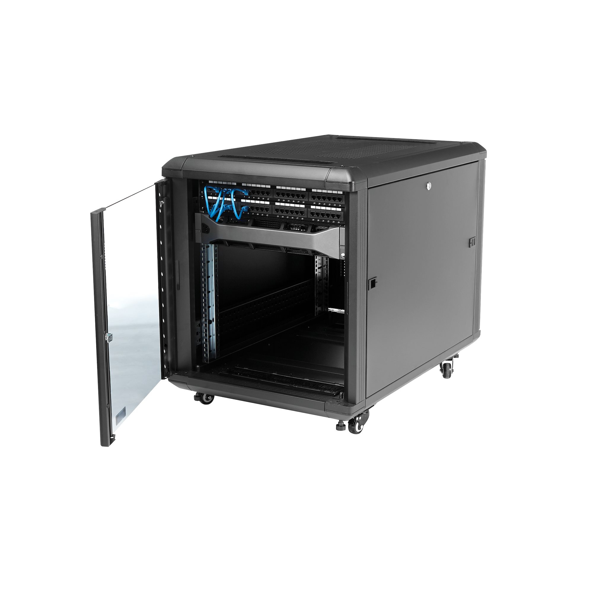 StarTech.com 4 Post 12U Netwerkkast, Vergrendelbare 19" Patchkast voor Computer / AV / IT / Data Apparatuur, Server Rack voor Bureau/Thuis met Wielen & Verstelbare Montagerails - Afbeelding 6