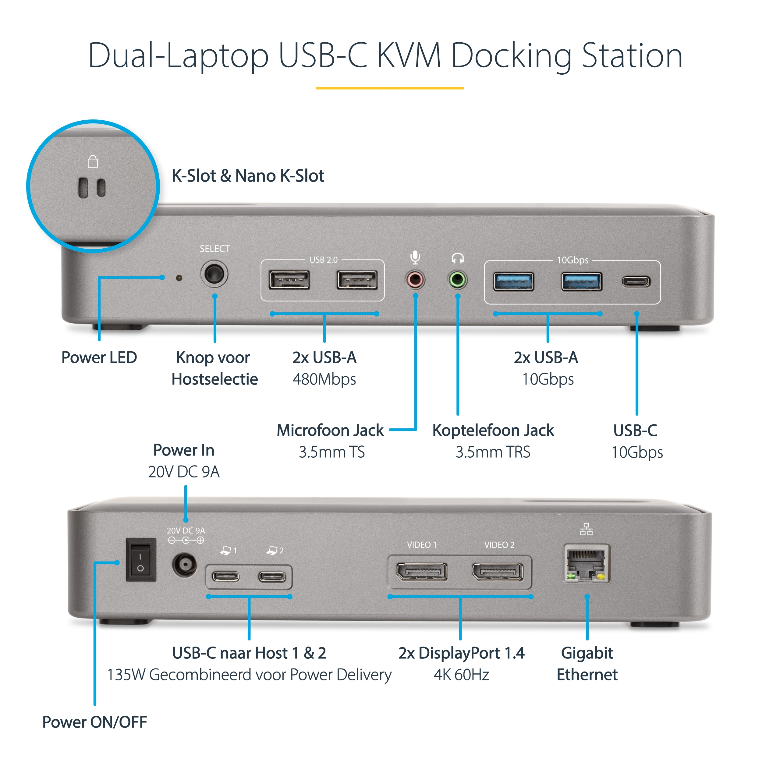 StarTech.com Dual-Laptop USB-C KVM Docking Station, Dual Monitor 4K 60Hz DisplayPort Dock, 5-Port USB Hub, GbE, 90W/45W Power Delivery voor Twee Laptops, Windows/Mac, Dual Host KVM Dock - Afbeelding 9