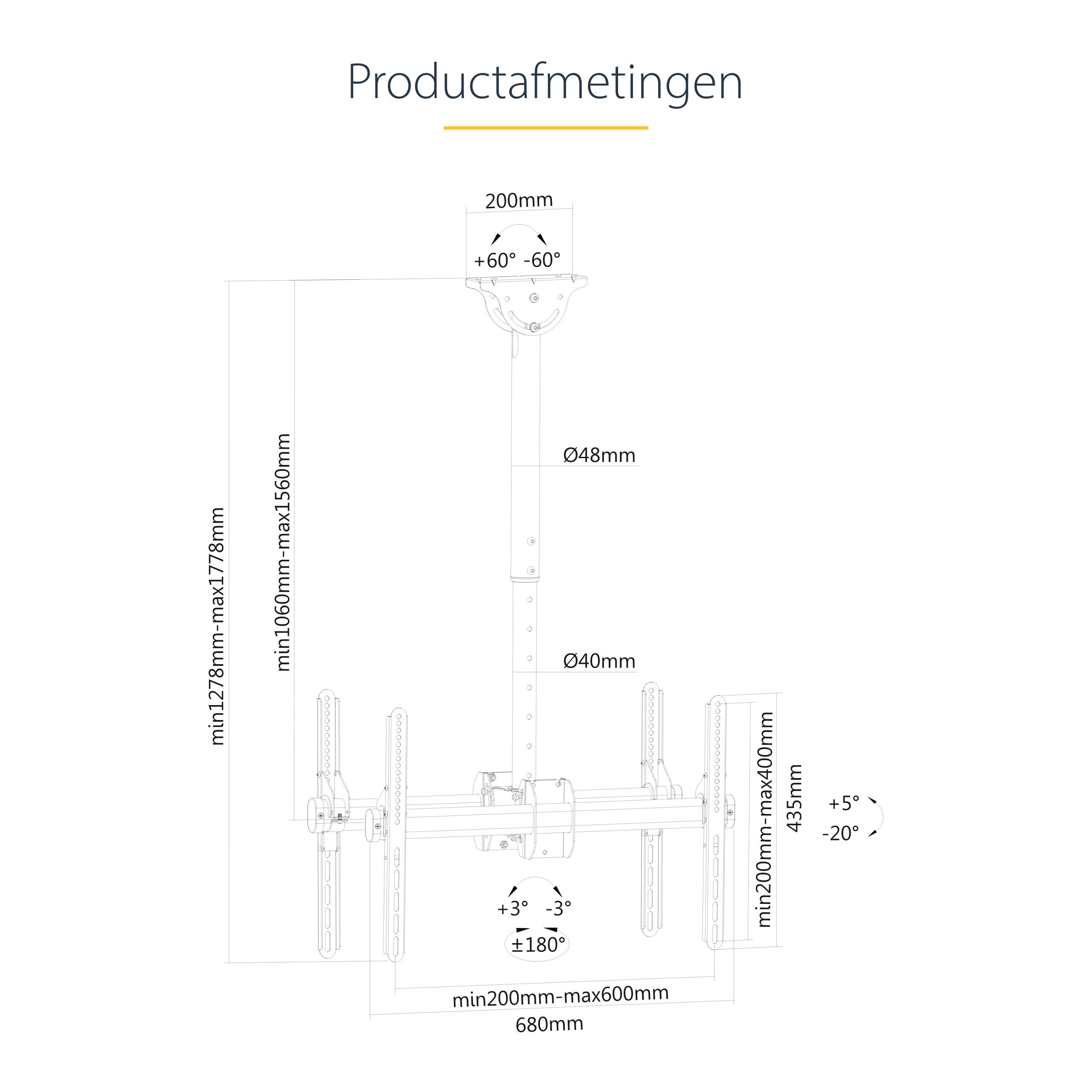 StarTech.com Dual TV Plafondbeugel, Rug-aan-Rug Heavy-Duty Ophangbeugel, VESA Beugel voor Dual 32"-75" TVs / Displays, Kantelen/Draaien/Roteren, In hoogte verstelbare telescopische paal - Afbeelding 17