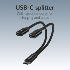 Mobilize Strong Nylon USB-C Splitter for Audio and Charging 15cm Black