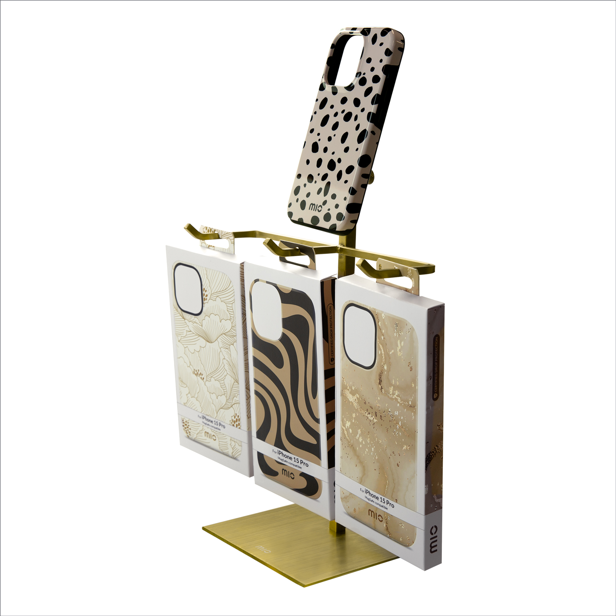 POS - MIO - Counter Display 3 hooks + Product Display Adjustable Angle Brushed Gold