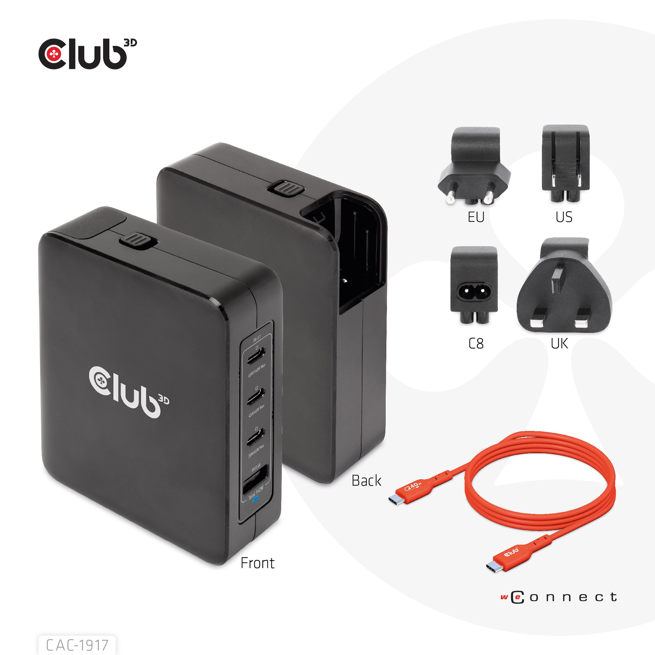 CLUB3D Internationale reislader 140 W GaN-technologie, vier poorten USB Type-A (1x) en -C (3x), PPS + Power Delivery (PD) 3.1-ondersteuning - Afbeelding 8