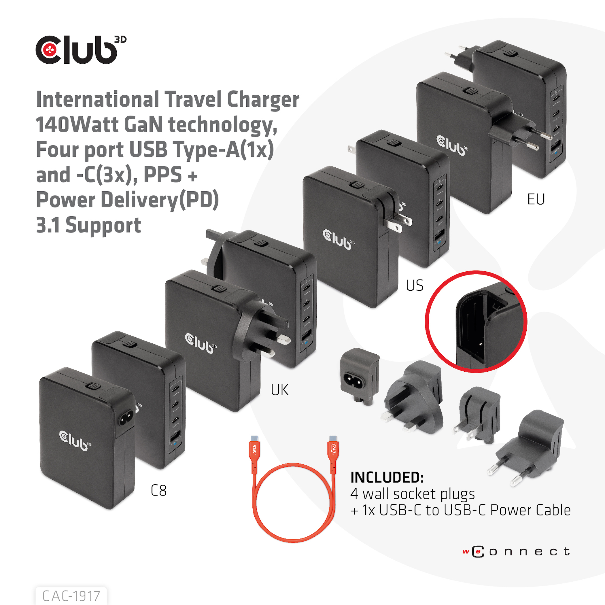 CLUB3D Internationale reislader 140 W GaN-technologie, vier poorten USB Type-A (1x) en -C (3x), PPS + Power Delivery (PD) 3.1-ondersteuning - Afbeelding 9