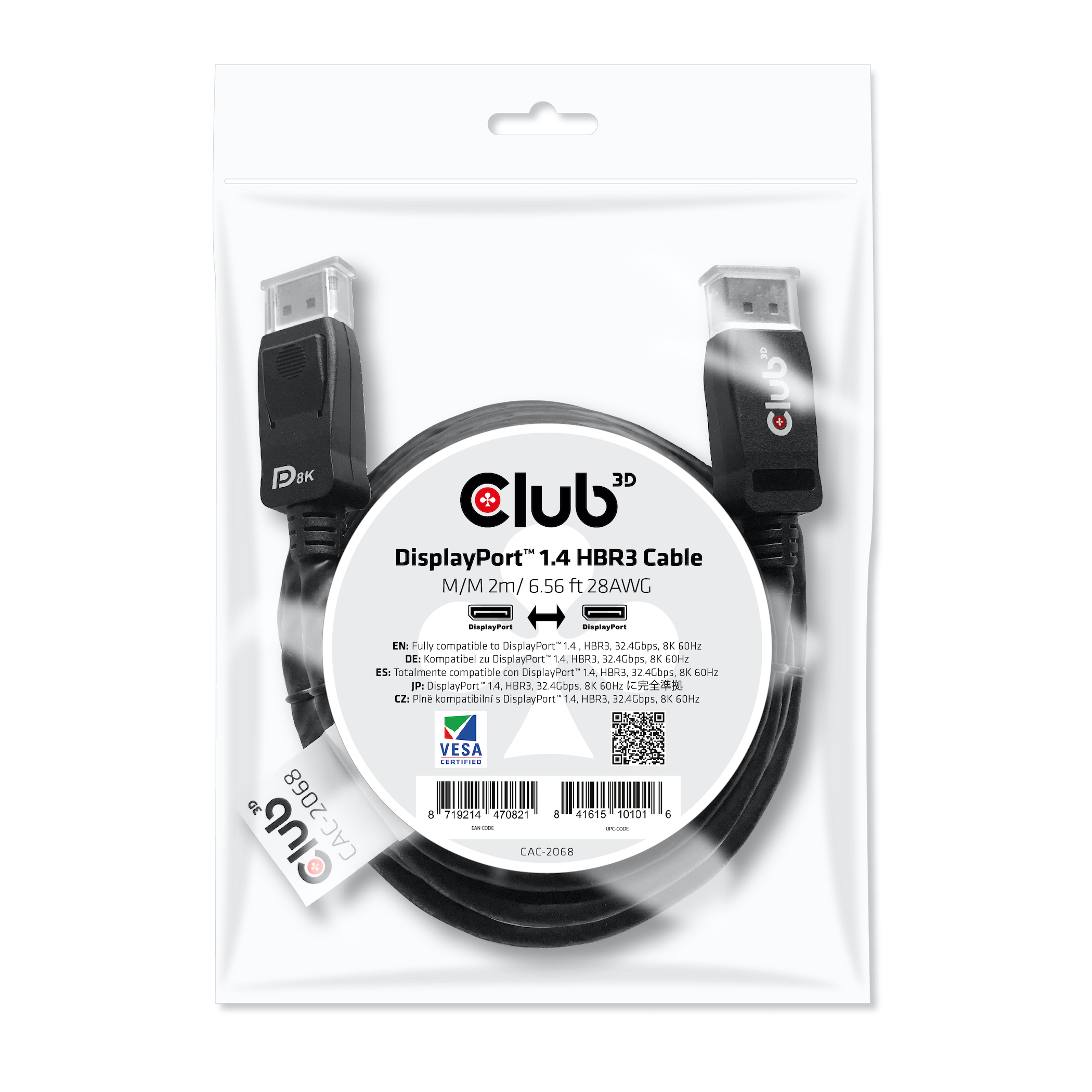 CLUB3D DisplayPort 1.4 HBR3 Cable 2meter M/M 8K60Hz - 1920x1080 pixels met 144hz - Afbeelding 3