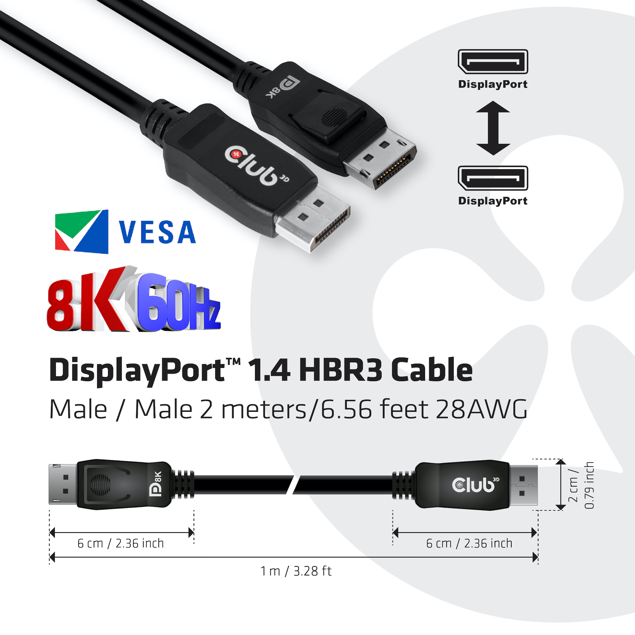 CLUB3D DisplayPort 1.4 HBR3 Cable 2meter M/M 8K60Hz - 1920x1080 pixels met 144hz - Afbeelding 8
