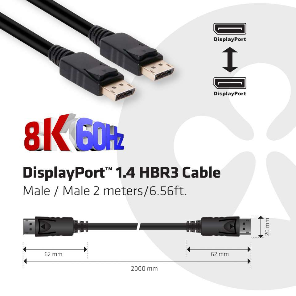 CLUB3D DisplayPort 1.4 HBR3 Cable 2meter M/M 8K60Hz - 1920x1080 pixels met 144hz - Afbeelding 5