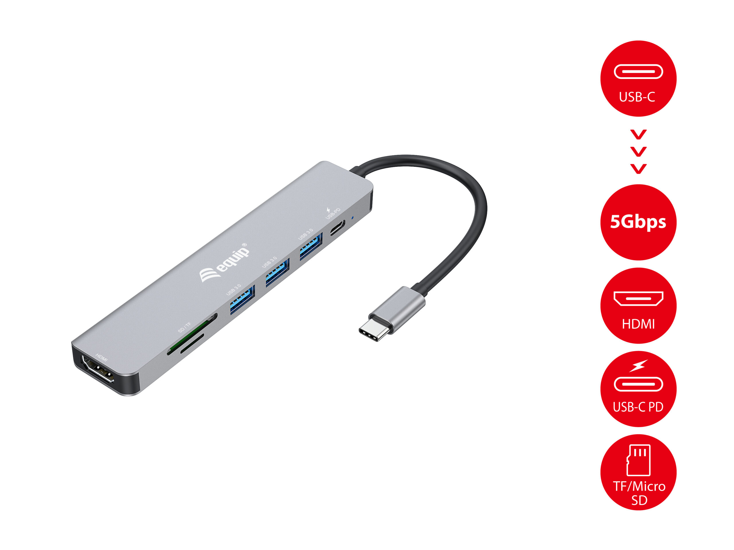 Equip 133494 USB-C 7 in 1 multifunctionele adapter, HDMI 4K/60Hz, USB 3.2 Gen1 x 3, TF/MICRO SD, 100W USB PD - Afbeelding 6