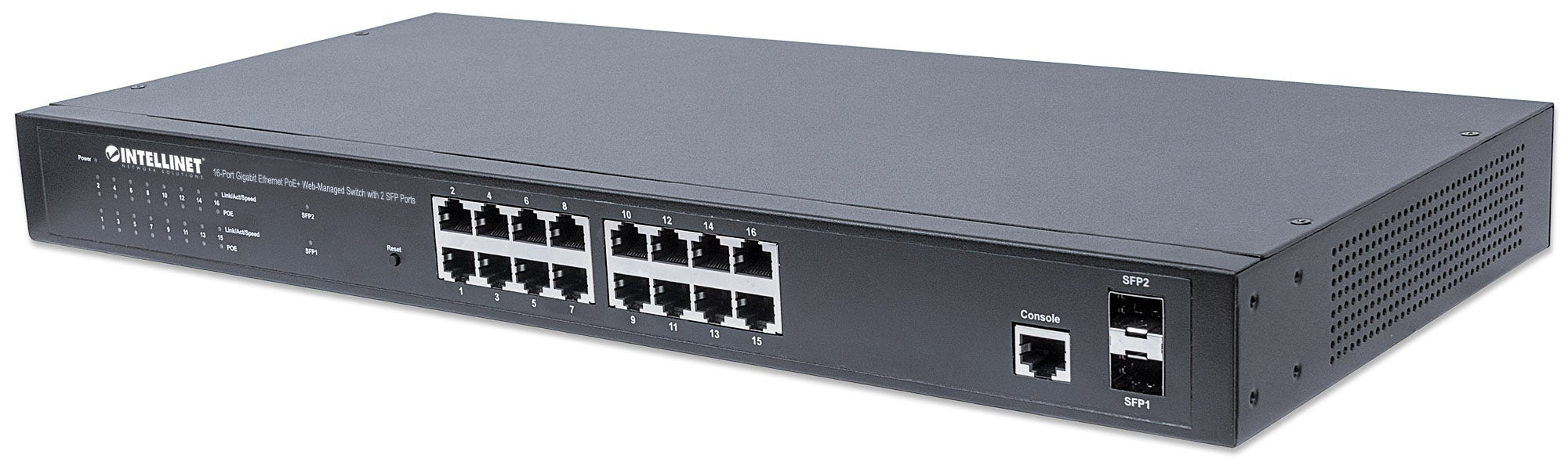 Intellinet 16-poorts Gigabit Ethernet PoE+ web-managed netwerk switch met 2x SFP, IEEE 802.3at/af conform, 374 W, endspan, 19" rackmontage, 3 jaar garantie