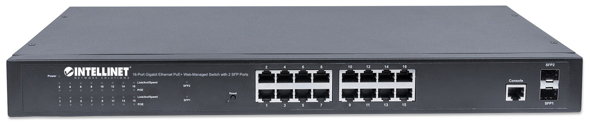 Intellinet 16-poorts Gigabit Ethernet PoE+ web-managed netwerk switch met 2x SFP, IEEE 802.3at/af conform, 374 W, endspan, 19" rackmontage, 3 jaar garantie - Afbeelding 4