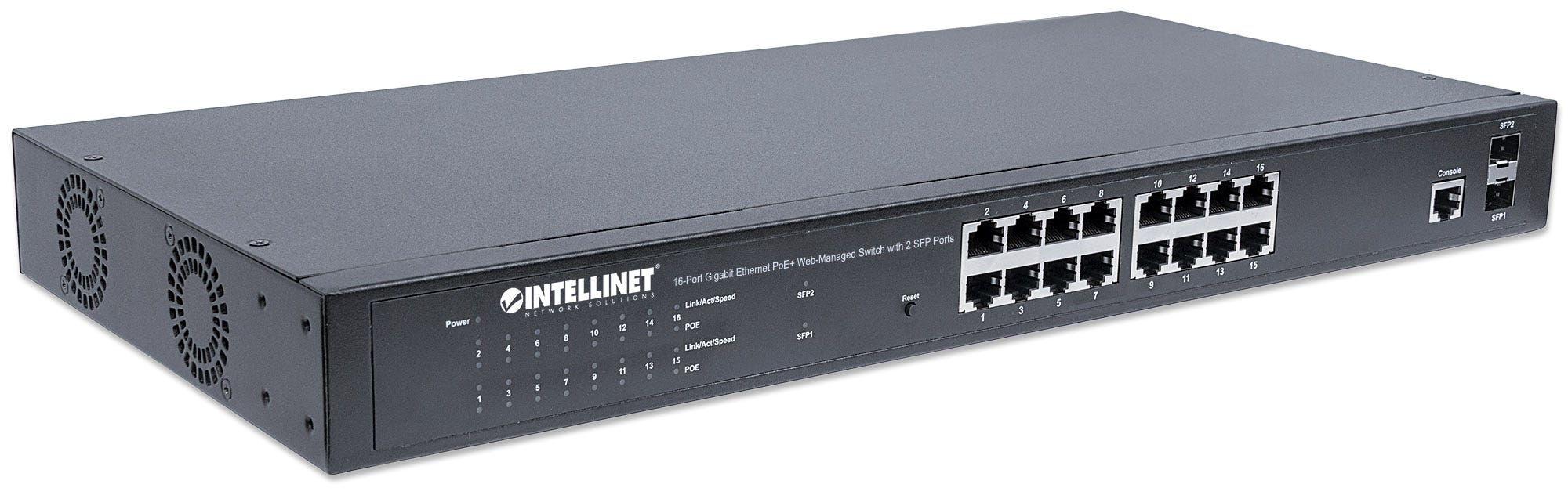 Intellinet 16-poorts Gigabit Ethernet PoE+ web-managed netwerk switch met 2x SFP, IEEE 802.3at/af conform, 374 W, endspan, 19" rackmontage, 3 jaar garantie - Afbeelding 3