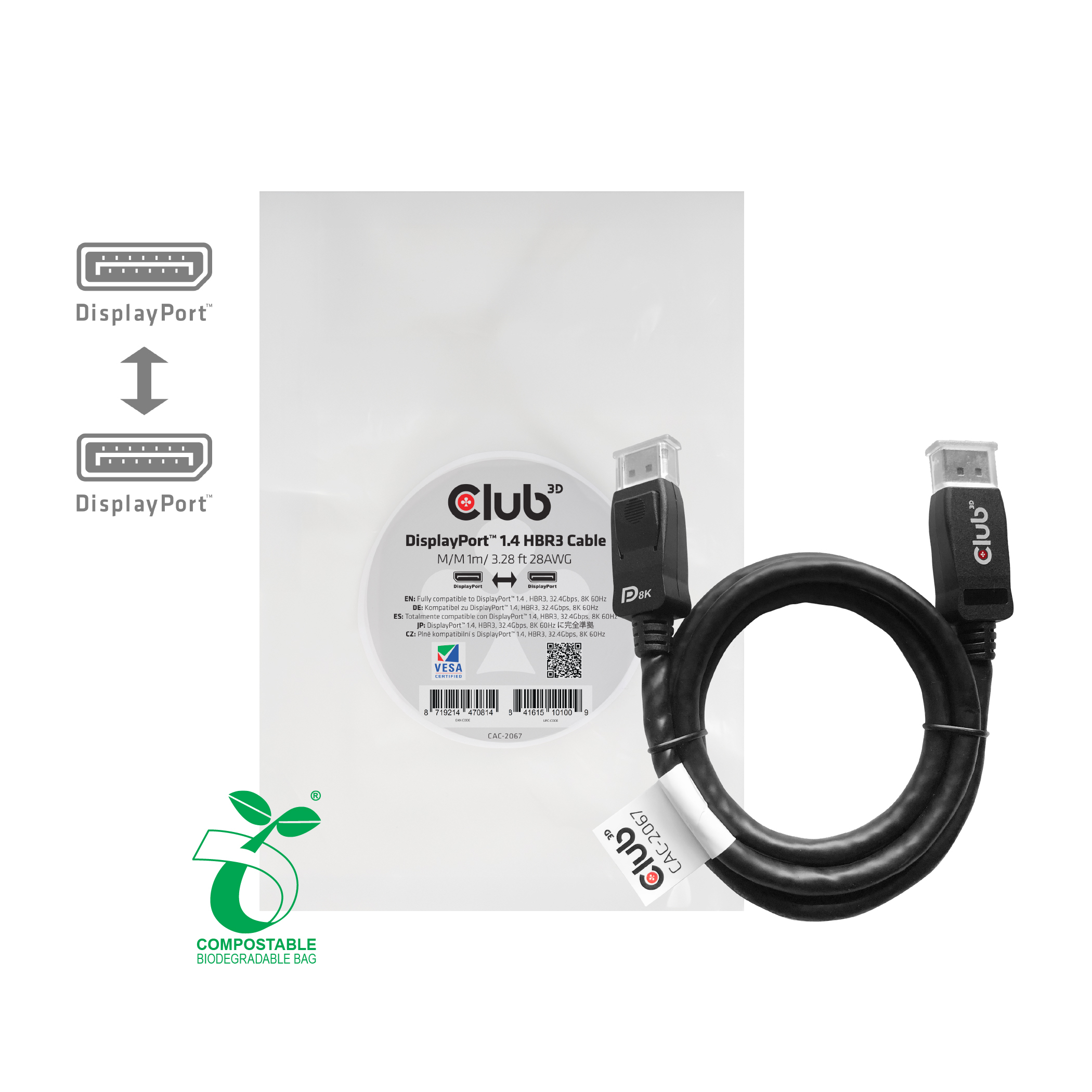 CLUB3D DisplayPort 1.4 HBR3 Cable 1meter Male/Male 8K60Hz