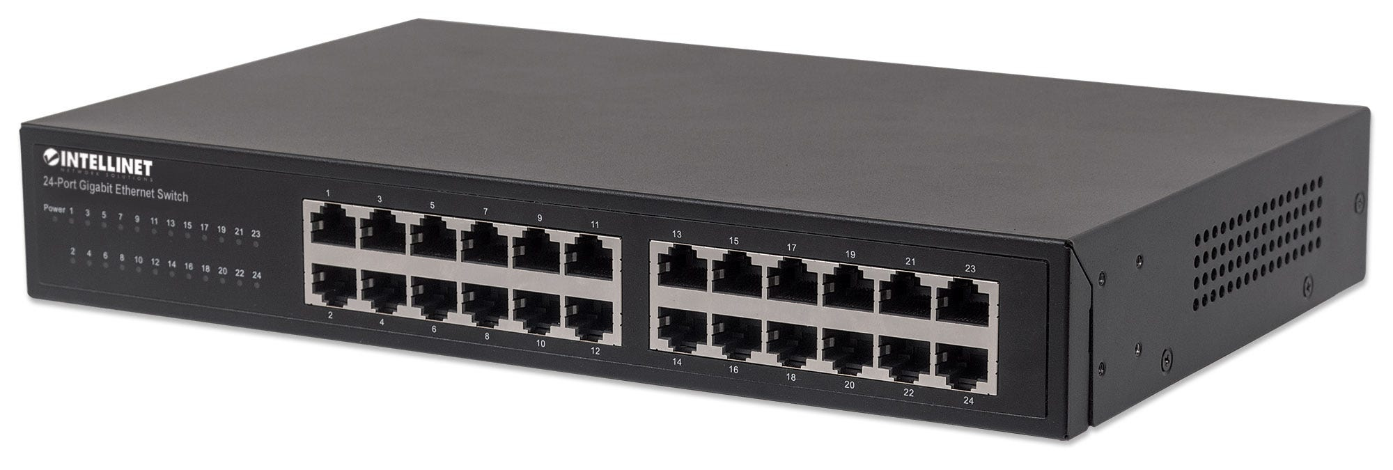Intellinet 24-poorts Gigabit Ethernet netwerk switch, 24x RJ45 10/100/1000 Mbps, IEEE 802.3az Energy Efficient Ethernet, unmanaged, desktop of 19" rackmontage, metalen behuizing, 3 jaar garantie
