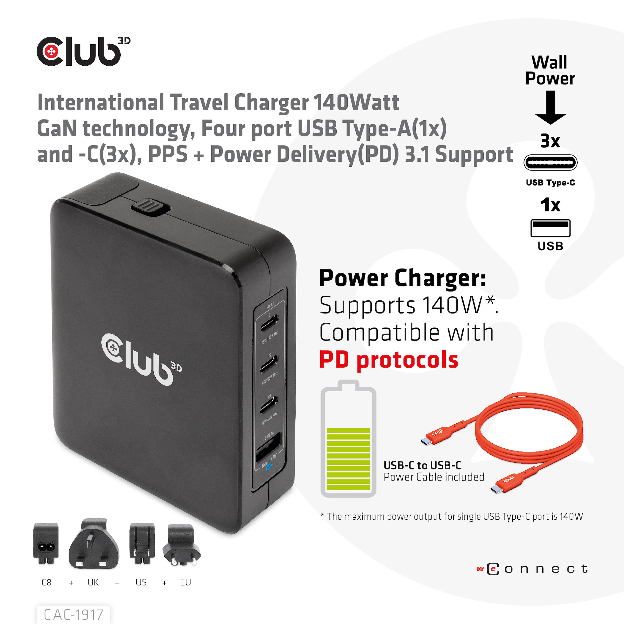 CLUB3D Internationale reislader 140 W GaN-technologie, vier poorten USB Type-A (1x) en -C (3x), PPS + Power Delivery (PD) 3.1-ondersteuning - Afbeelding 3