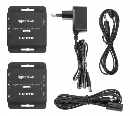 Manhattan HDMI-extenderkit 4K via Ethernet, verlengt 4K@30 Hz tot 40 m of 1080p@60 Hz tot 70 m via Cat6-kabel, zender en ontvanger, voeding via kabel (PoC), zwart, 3 jaar garantie - Afbeelding 6