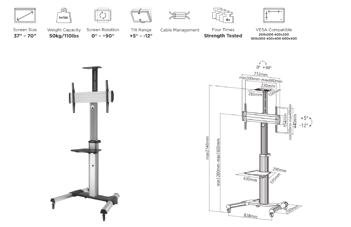 Equip 37"-70” Mobiele Vloersteun met 90° draai optie - Afbeelding 7