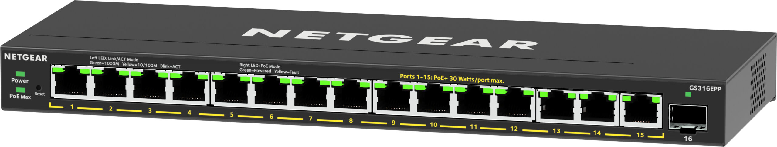 NETGEAR 16-Port High-Power PoE+ Gigabit Ethernet Plus Switch (231W) with 1 SFP port (GS316EPP) - Afbeelding 3