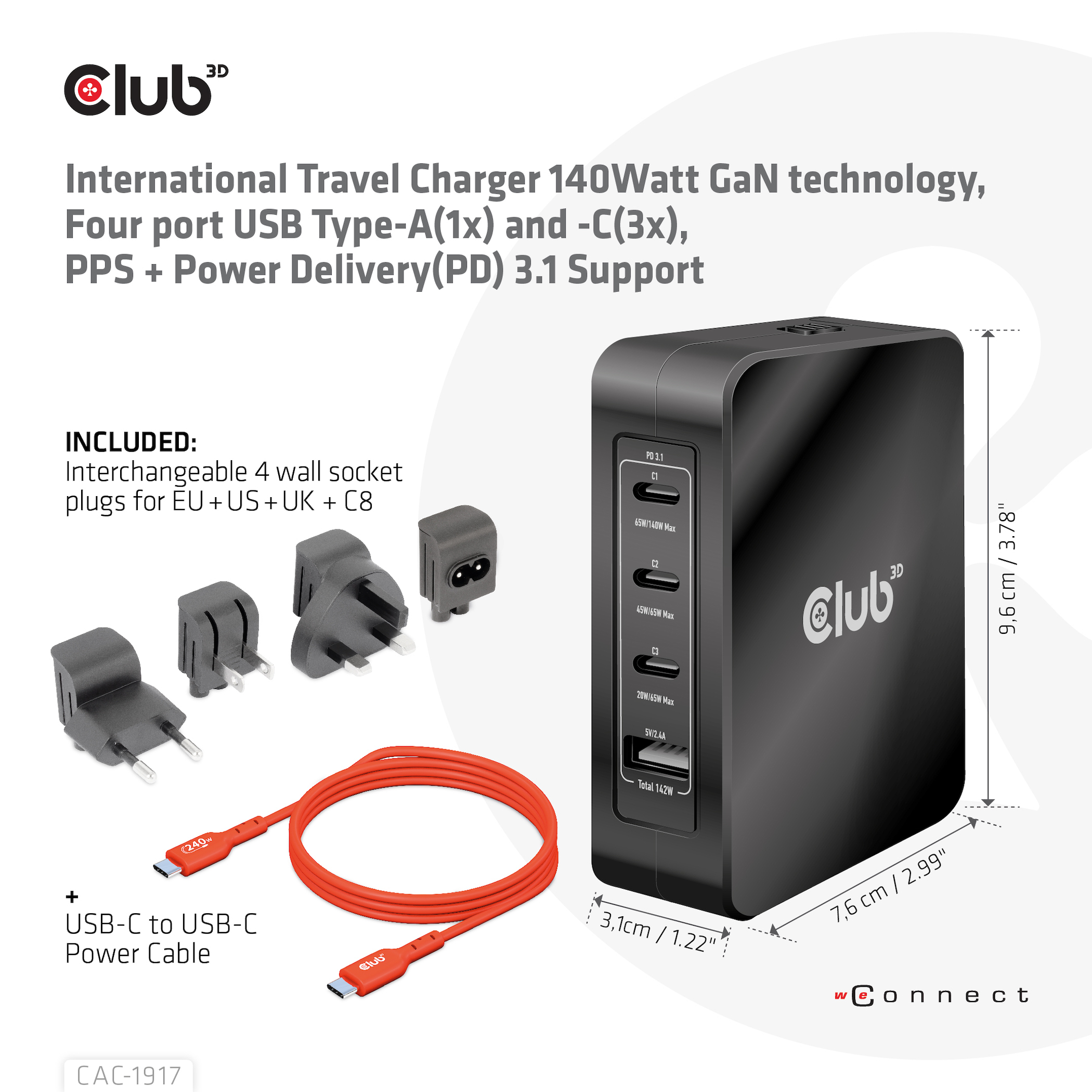 CLUB3D Internationale reislader 140 W GaN-technologie, vier poorten USB Type-A (1x) en -C (3x), PPS + Power Delivery (PD) 3.1-ondersteuning - Afbeelding 4