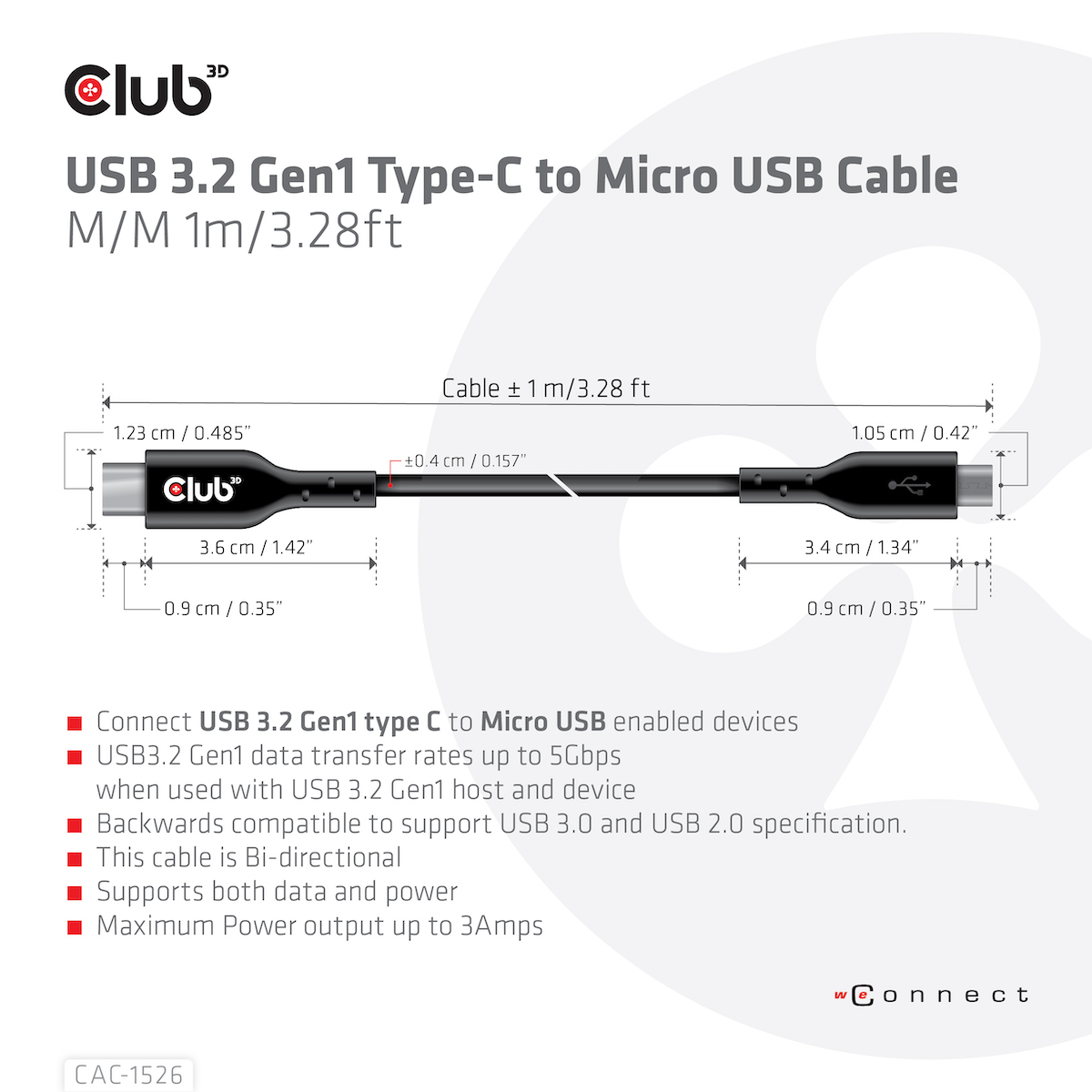 CLUB3D USB 3.2 Gen1 Type-C to Micro USB Cable M/M 1m /3.28ft - Afbeelding 5