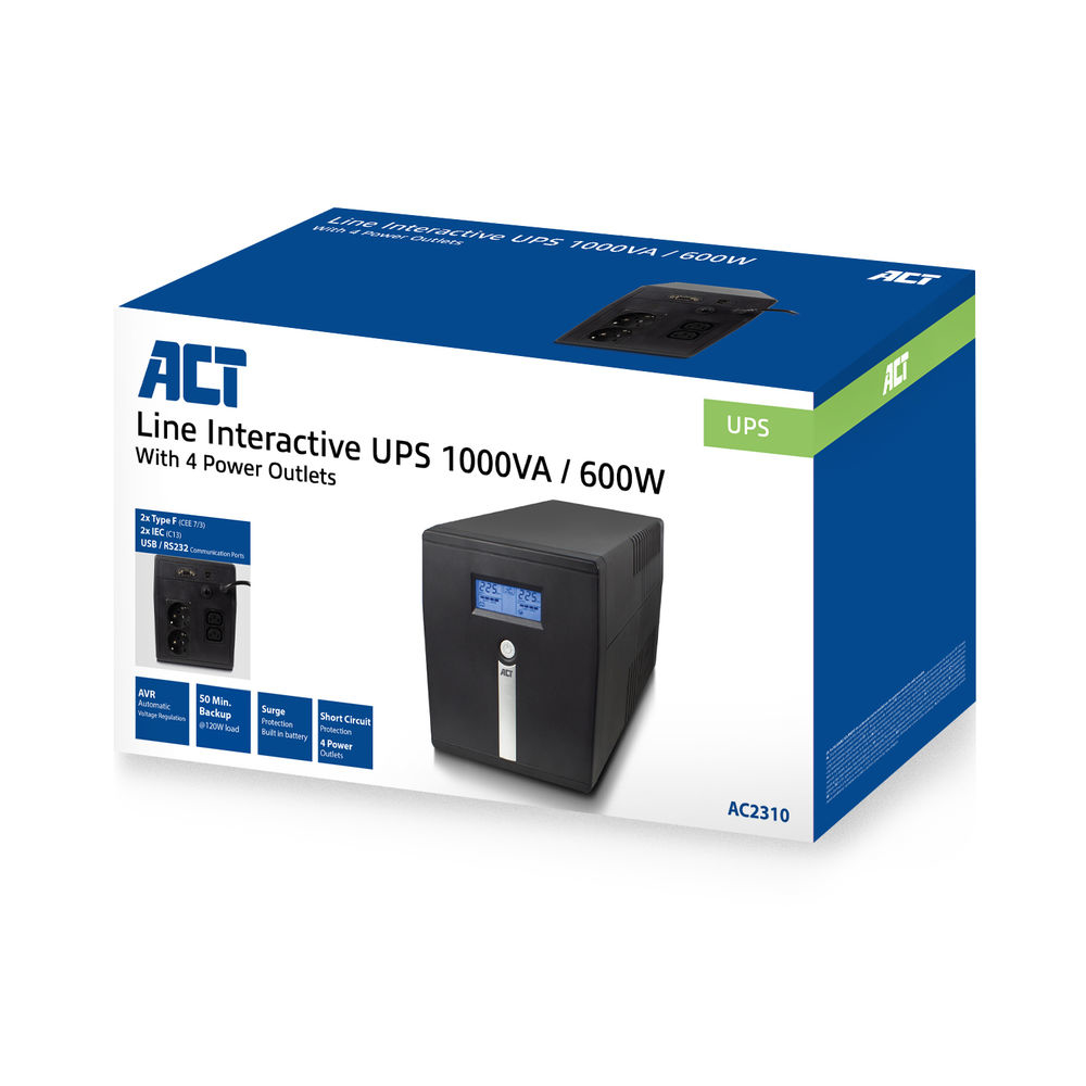ACT Line Interactive UPS 1000VA - 600W met AVR, lcd-display - Afbeelding 4