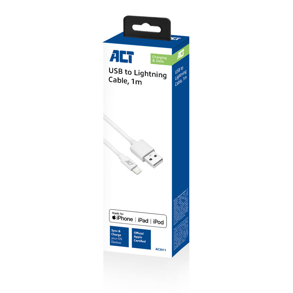 ACT USB 2.0 laad- en datakabel A male - Lightning male 1 meter, MFI gecertificeerd - Afbeelding 3