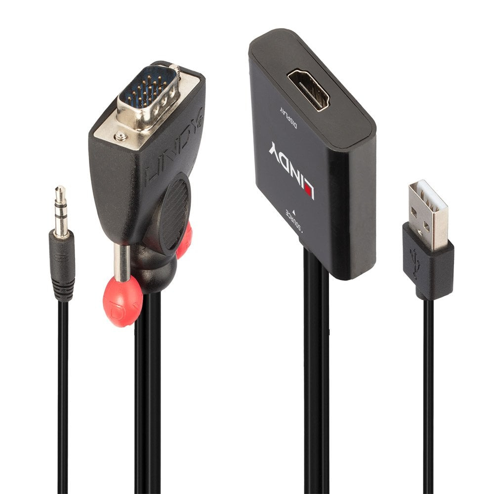 Lindy 38284 video kabel adapter VGA (D-Sub) + 3.5mm HDMI + USB Zwart