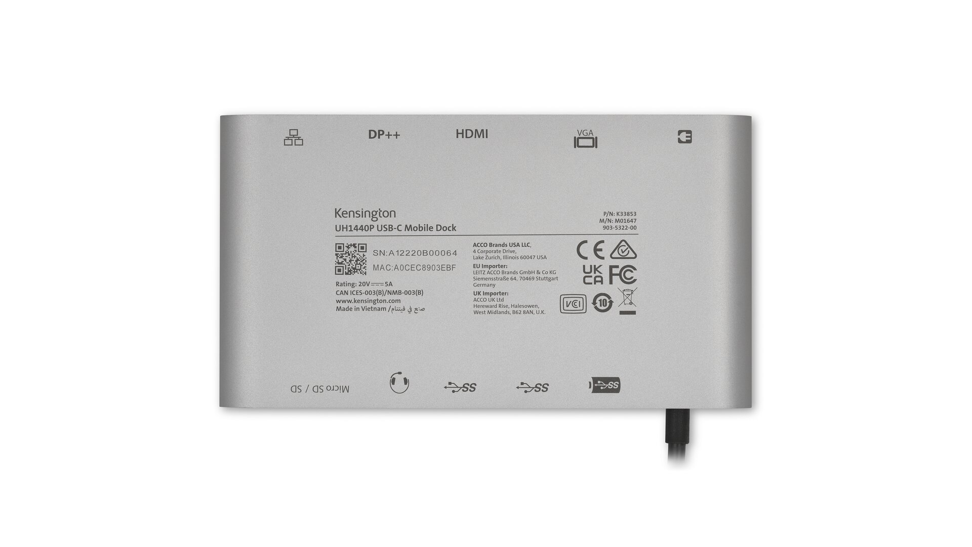 Kensington UH1440P USB-C 5Gbps Dual Video Driverless Mobile Dock – 85W Pass-Through Power – DP/HDMI/VGA - Afbeelding 6