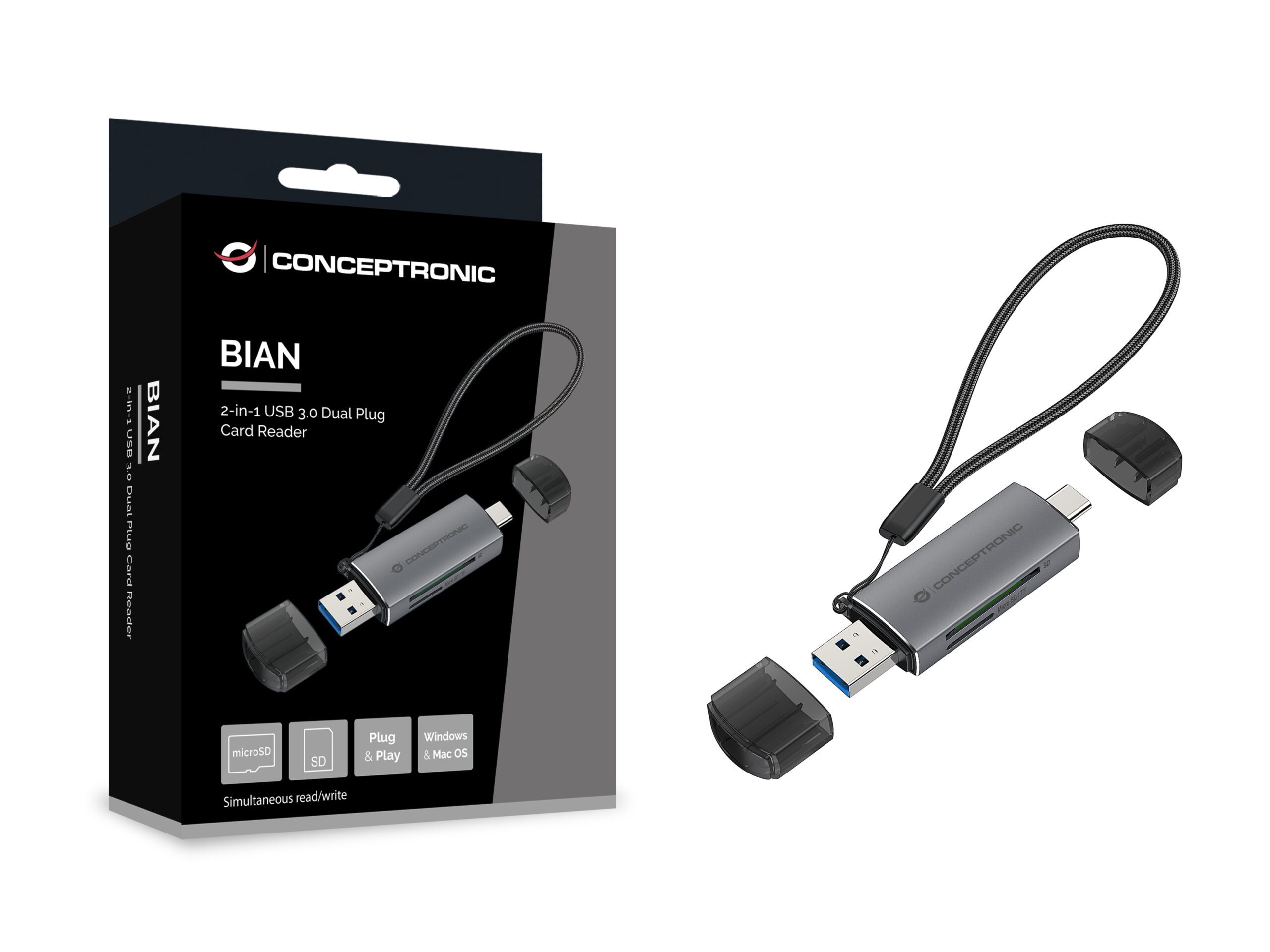 Conceptronic BIAN05G geheugenkaartlezer USB 3.2 Gen 1 (3.1 Gen 1) Type-A/Type-C Grijs - Afbeelding 3