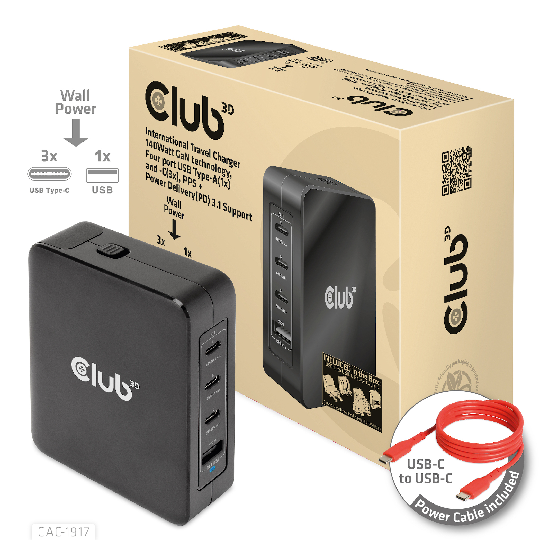 CLUB3D Internationale reislader 140 W GaN-technologie, vier poorten USB Type-A (1x) en -C (3x), PPS + Power Delivery (PD) 3.1-ondersteuning - Afbeelding 2