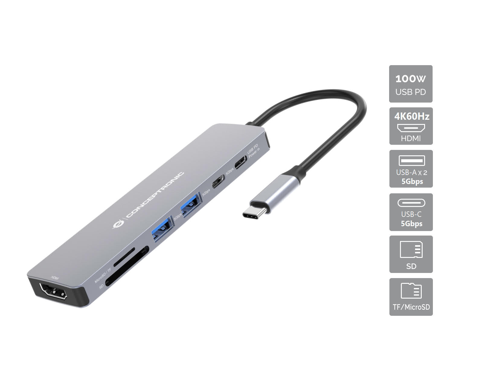 Conceptronic DONN28G Bedraad USB 3.2 Gen 1 (3.1 Gen 1) Type-C Grijs