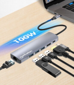 Manhattan USB-C dock/hub, poorten (6): Ethernet, HDMI, USB-A (3×) en USB-C, met Power Delivery (PD) 100 W - vereist een externe USB-C-lader (niet inbegrepen). USB-gevoed (geen externe voeding vereist) wanneer PD niet wordt gebruikt - Afbeelding 8