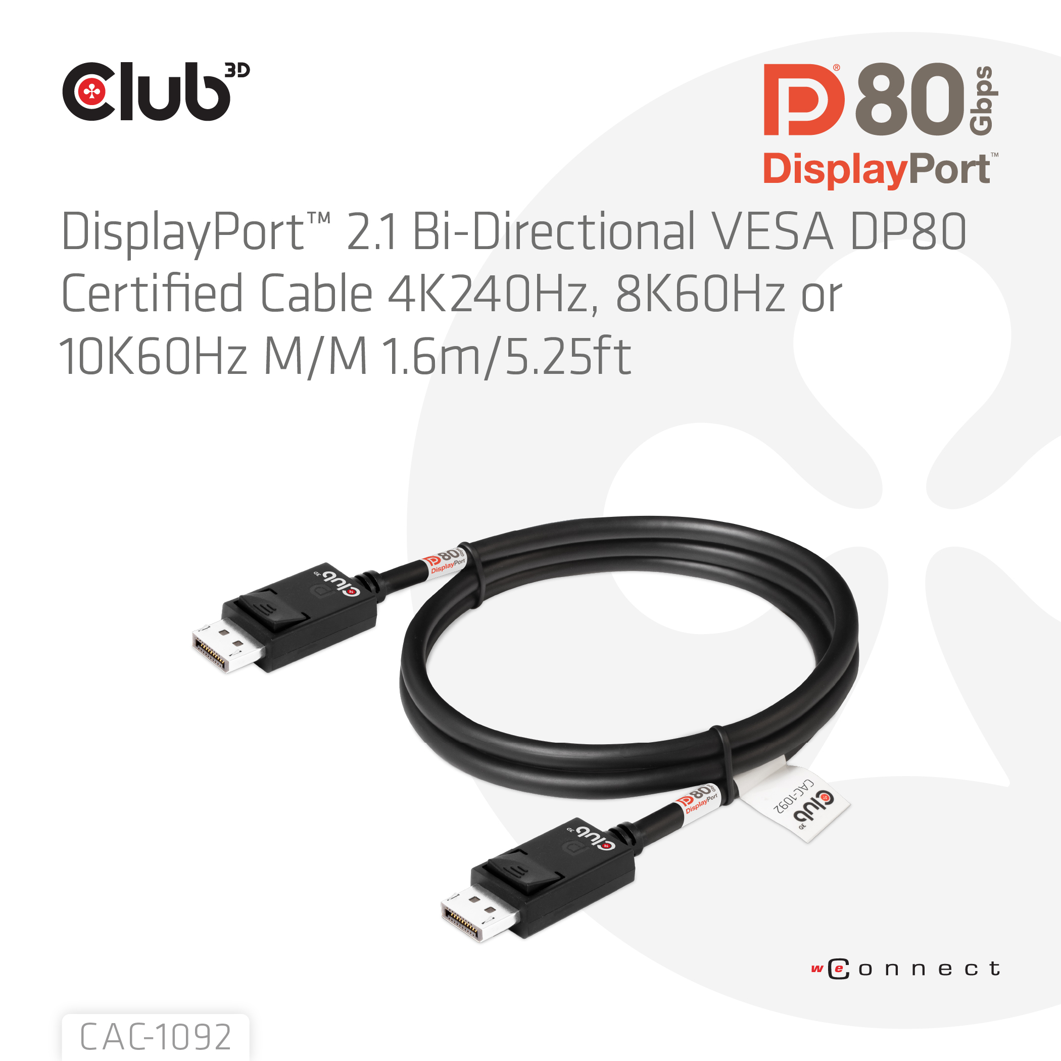 CLUB3D DisplayPort™ 2.1 Bi-Directional VESA DP80 Gecertificeerde kabel 4K240Hz, 8K60Hz or 10K60Hz M/M 1.6m/ Next-Gen Gaming - Afbeelding 4