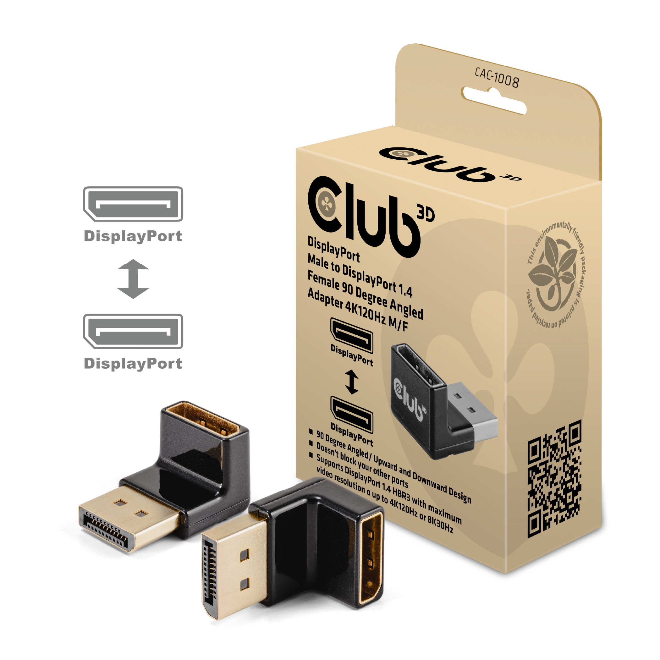 CLUB3D DisplayPort Male to DisplayPort 1.4 Female 90 Degree Angled Adapter 4K120Hz M/F - Afbeelding 2