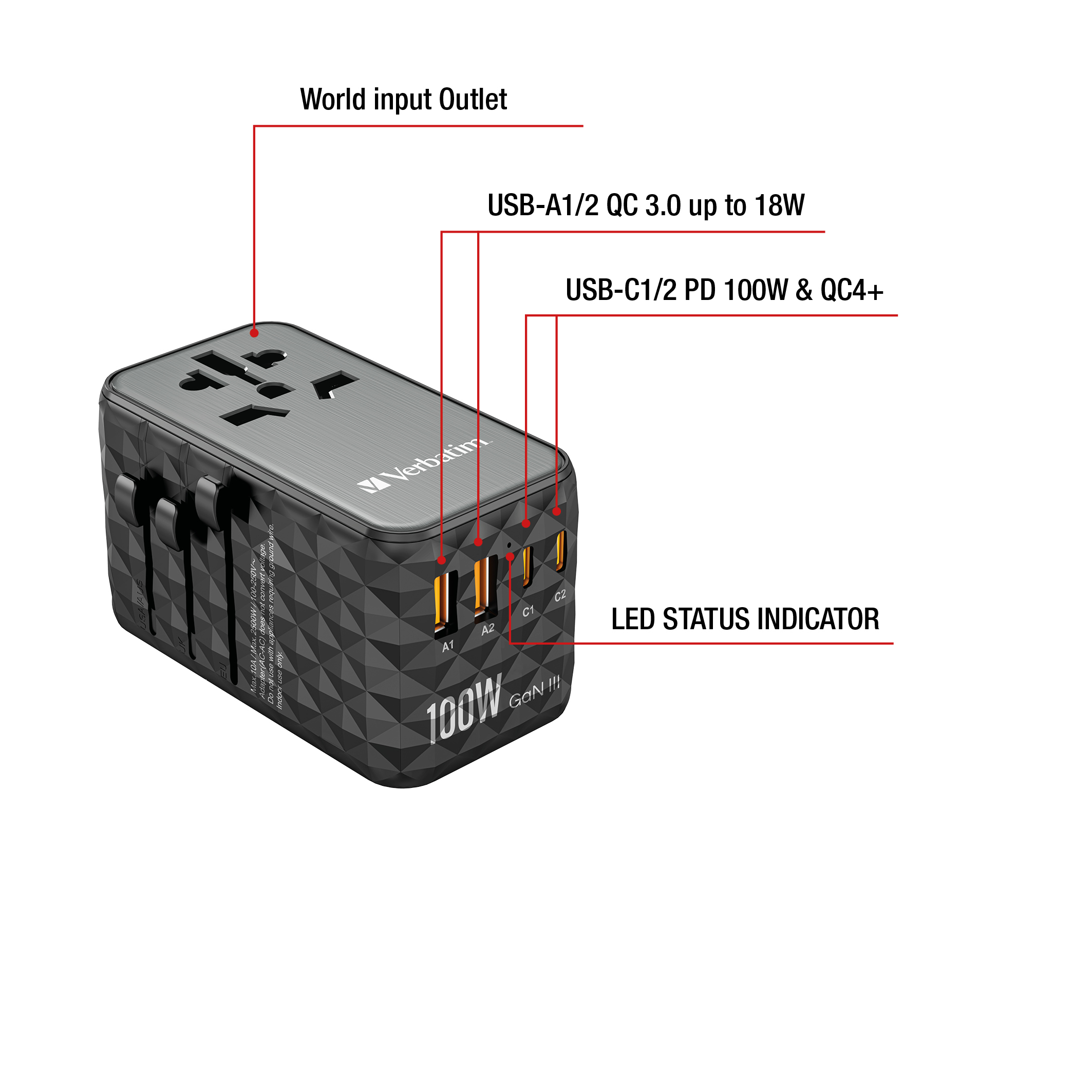 Verbatim UTA-06 100W GaN III universele reisadapter Met 2 x USB-C PD & QC 4+ & 2 x USB-A QC 3.0 poorten - Afbeelding 7