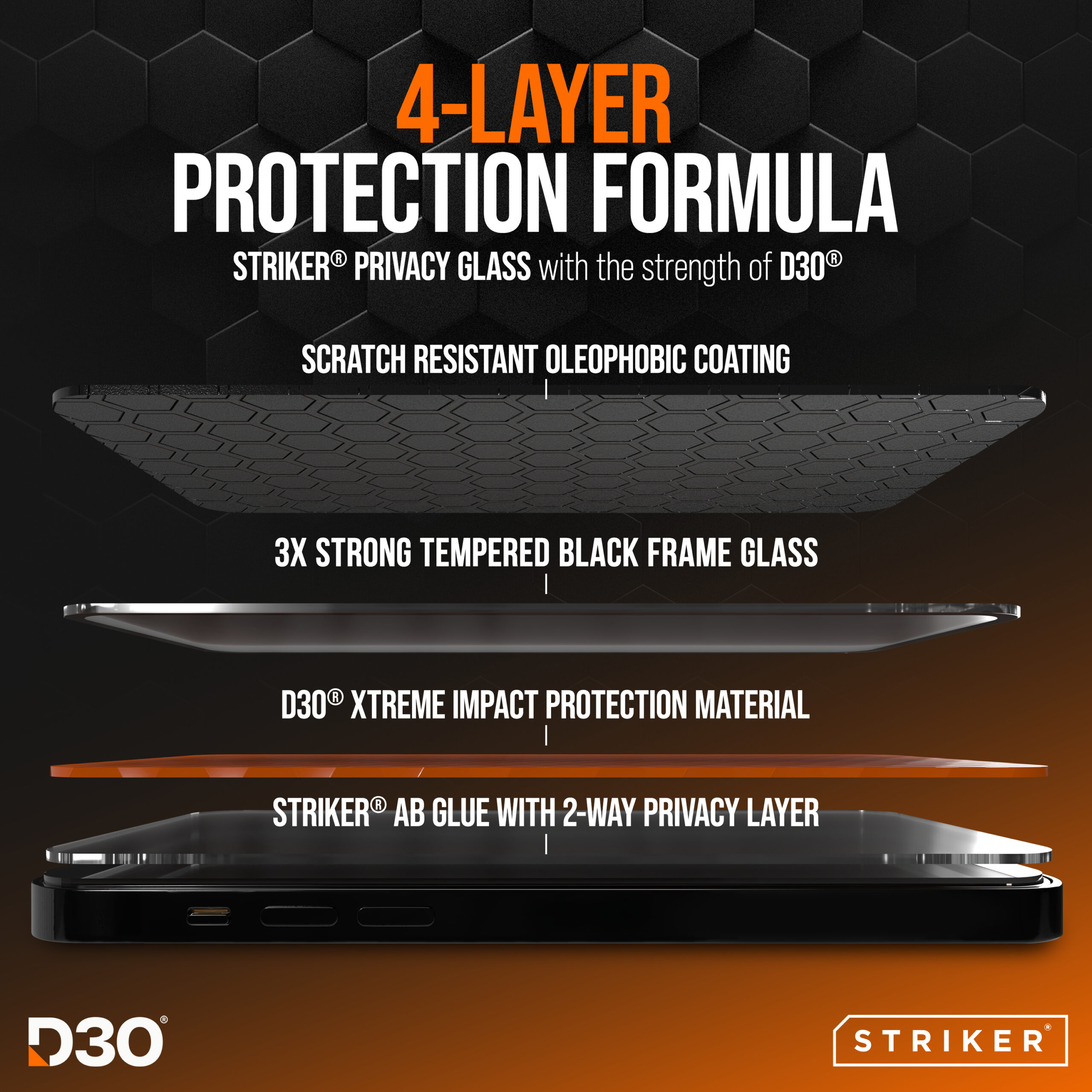 Striker D3O Xtreme Impact Privacy Glass Screen Protector - Black Frame - Samsung Galaxy S24+ 5G/S25+ 5G - Afbeelding 3