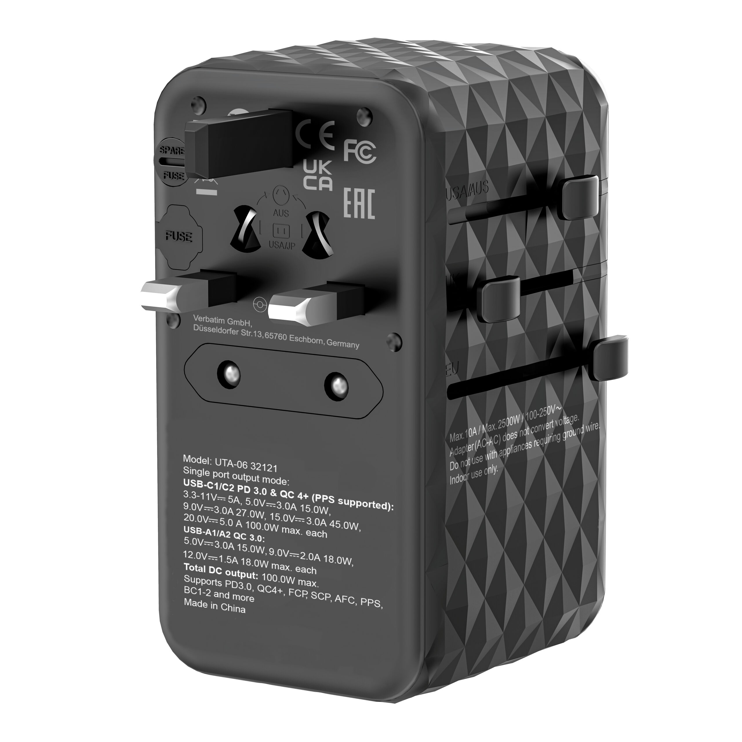 Verbatim UTA-06 100W GaN III universele reisadapter Met 2 x USB-C PD & QC 4+ & 2 x USB-A QC 3.0 poorten - Afbeelding 13