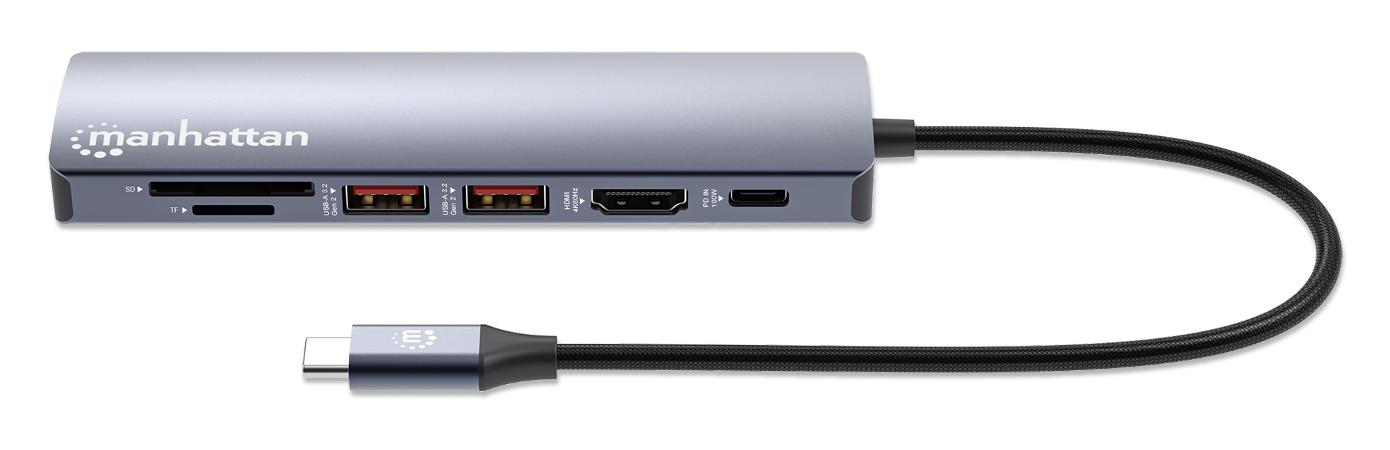 Manhattan USB-C dock/hub met kaartlezer, poorten (5): Ethernet, HDMI, USB-A (2×) en USB-C, met Power Delivery (PD) 100 W - vereist een externe USB-C-lader (niet inbegrepen). USB-gevoed (geen externe voeding vereist) wanneer PD niet wordt gebruikt - Afbeelding 5
