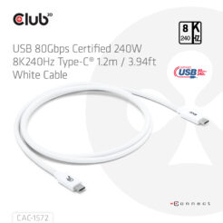 CLUB3D USB 80Gbps Certified 240W 8K240Hz Type-C® 1.2m / 3.94ft White Cable - Afbeelding 3