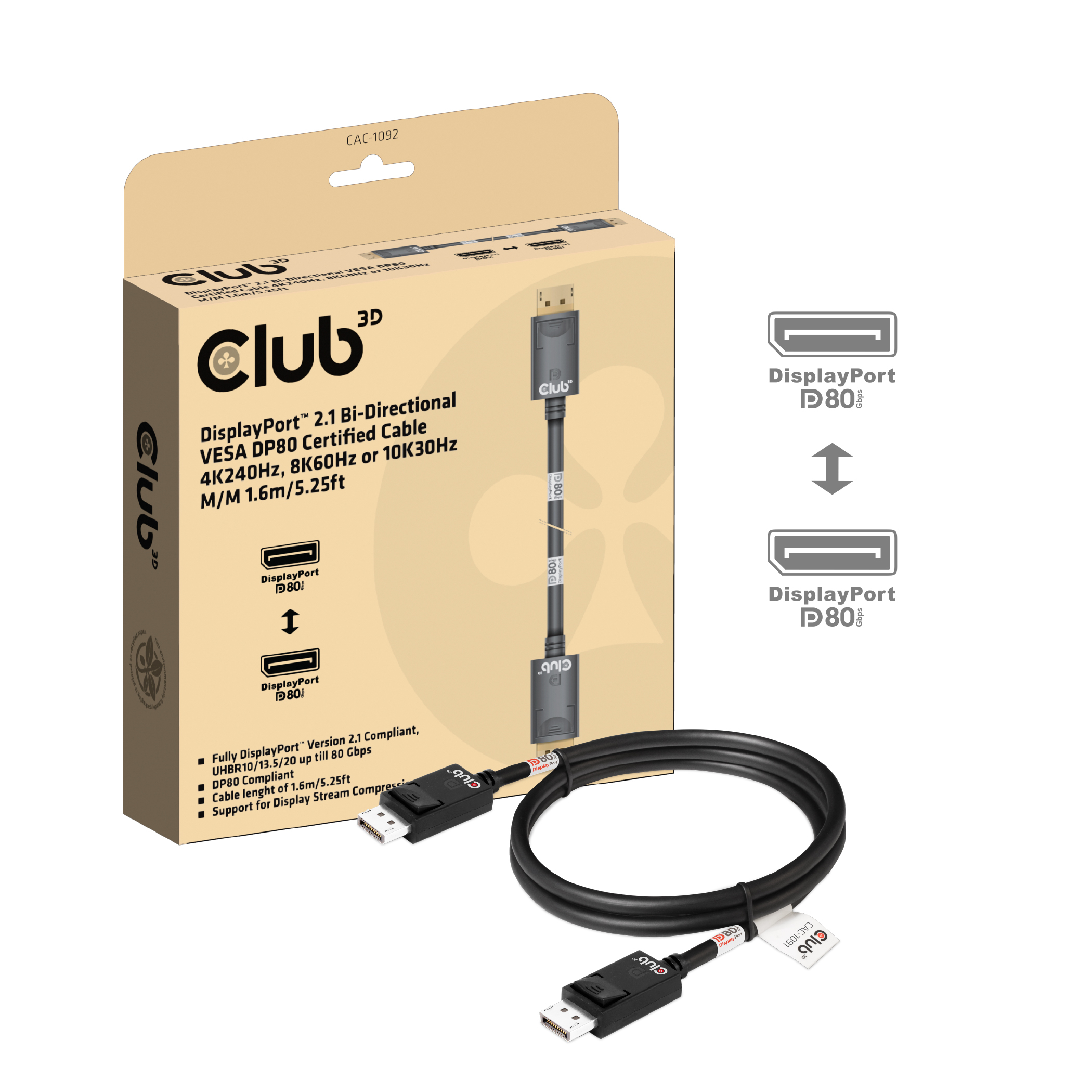 CLUB3D DisplayPort™ 2.1 Bi-Directional VESA DP80 Gecertificeerde kabel 4K240Hz, 8K60Hz or 10K60Hz M/M 1.6m/ Next-Gen Gaming - Afbeelding 3