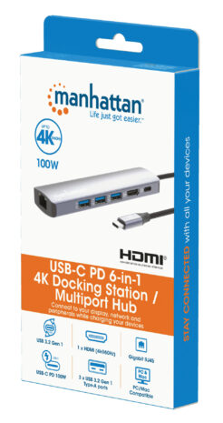 Manhattan USB-C dock/hub, poorten (6): Ethernet, HDMI, USB-A (3×) en USB-C, met Power Delivery (PD) 100 W - vereist een externe USB-C-lader (niet inbegrepen). USB-gevoed (geen externe voeding vereist) wanneer PD niet wordt gebruikt - Afbeelding 10