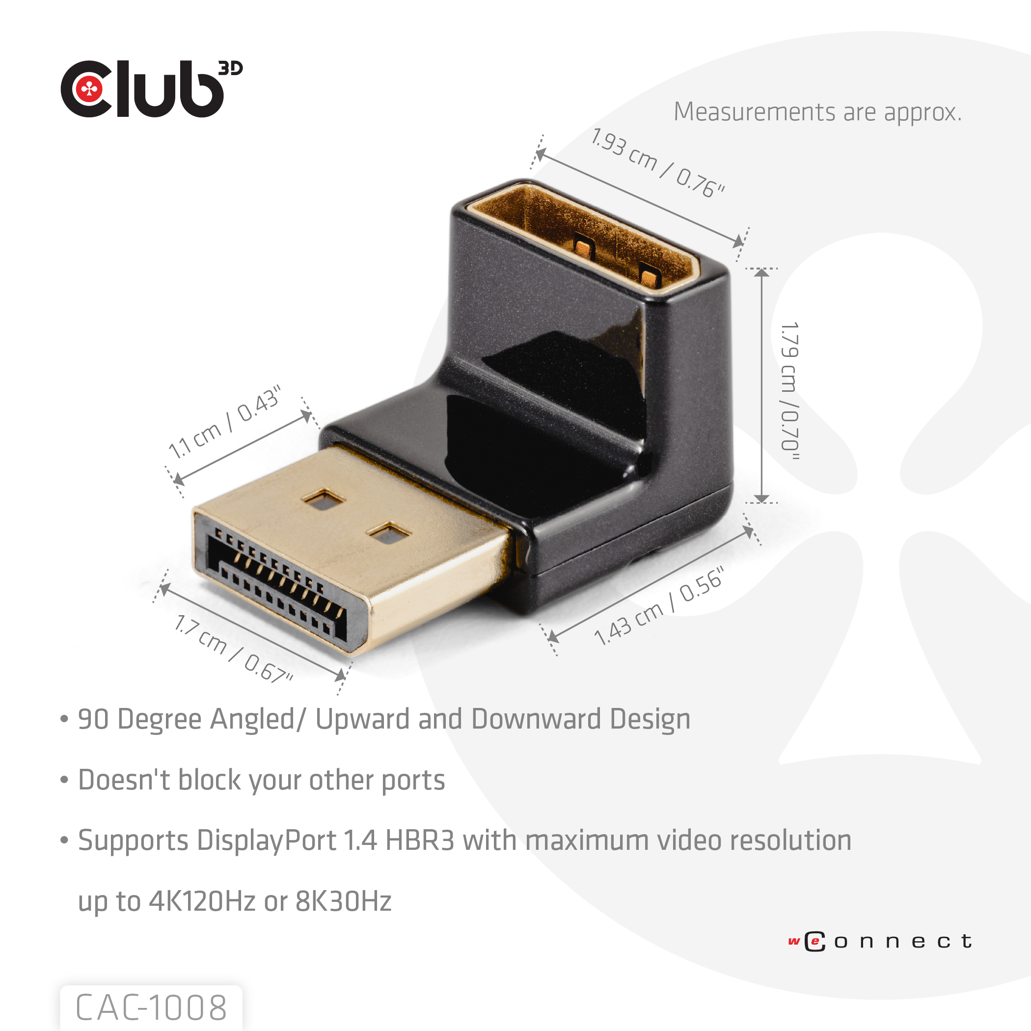 CLUB3D DisplayPort Male to DisplayPort 1.4 Female 90 Degree Angled Adapter 4K120Hz M/F - Afbeelding 7