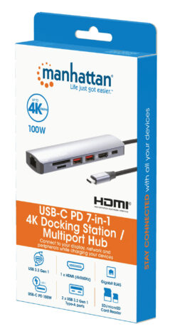 Manhattan USB-C dock/hub met kaartlezer, poorten (5): Ethernet, HDMI, USB-A (2×) en USB-C, met Power Delivery (PD) 100 W - vereist een externe USB-C-lader (niet inbegrepen). USB-gevoed (geen externe voeding vereist) wanneer PD niet wordt gebruikt - Afbeelding 10